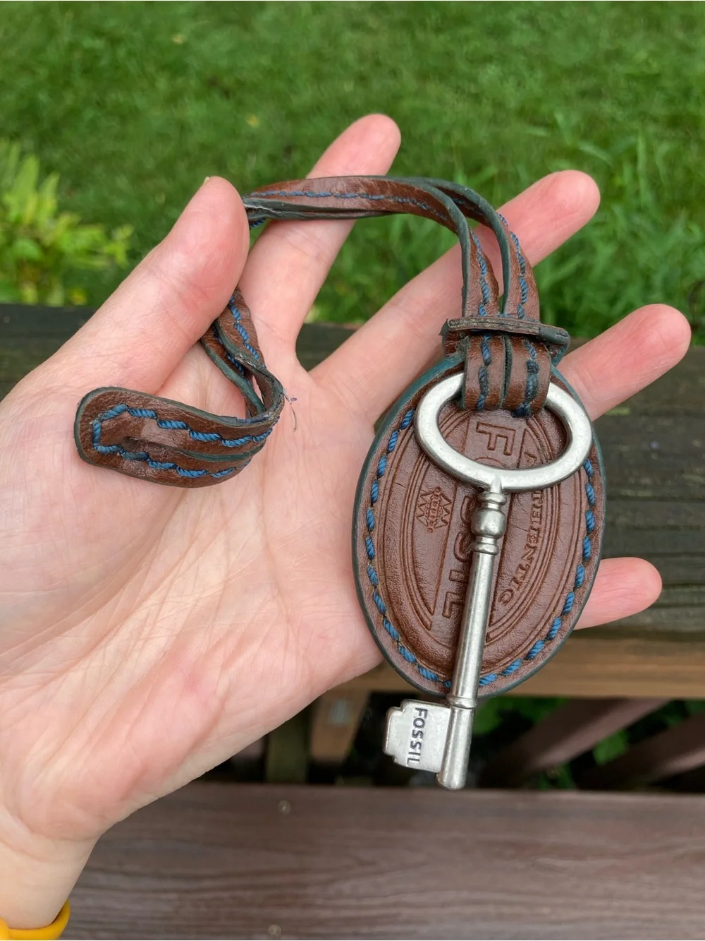 Vintage Fossil Leather Bag Charm Key Fob Brown Blue Stitching Skeleton Key